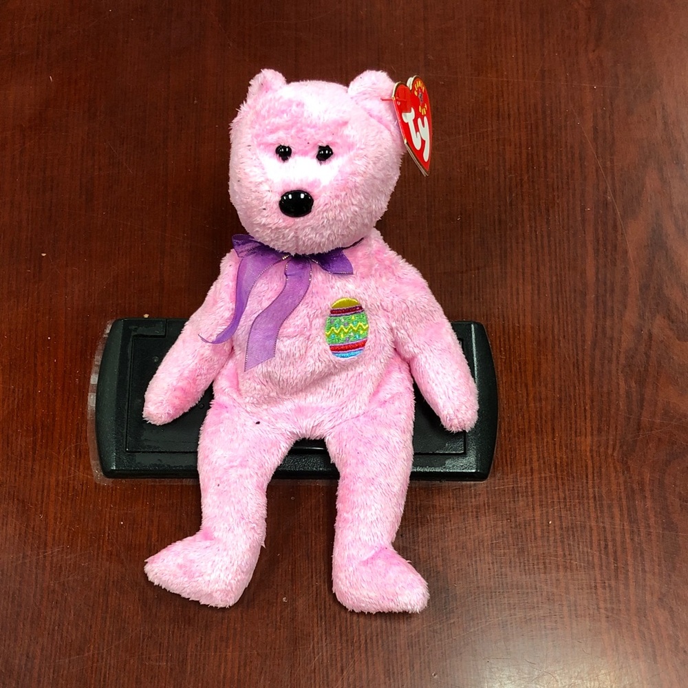 Ty Pink Plush Bear with Purple Bow “Eggs”